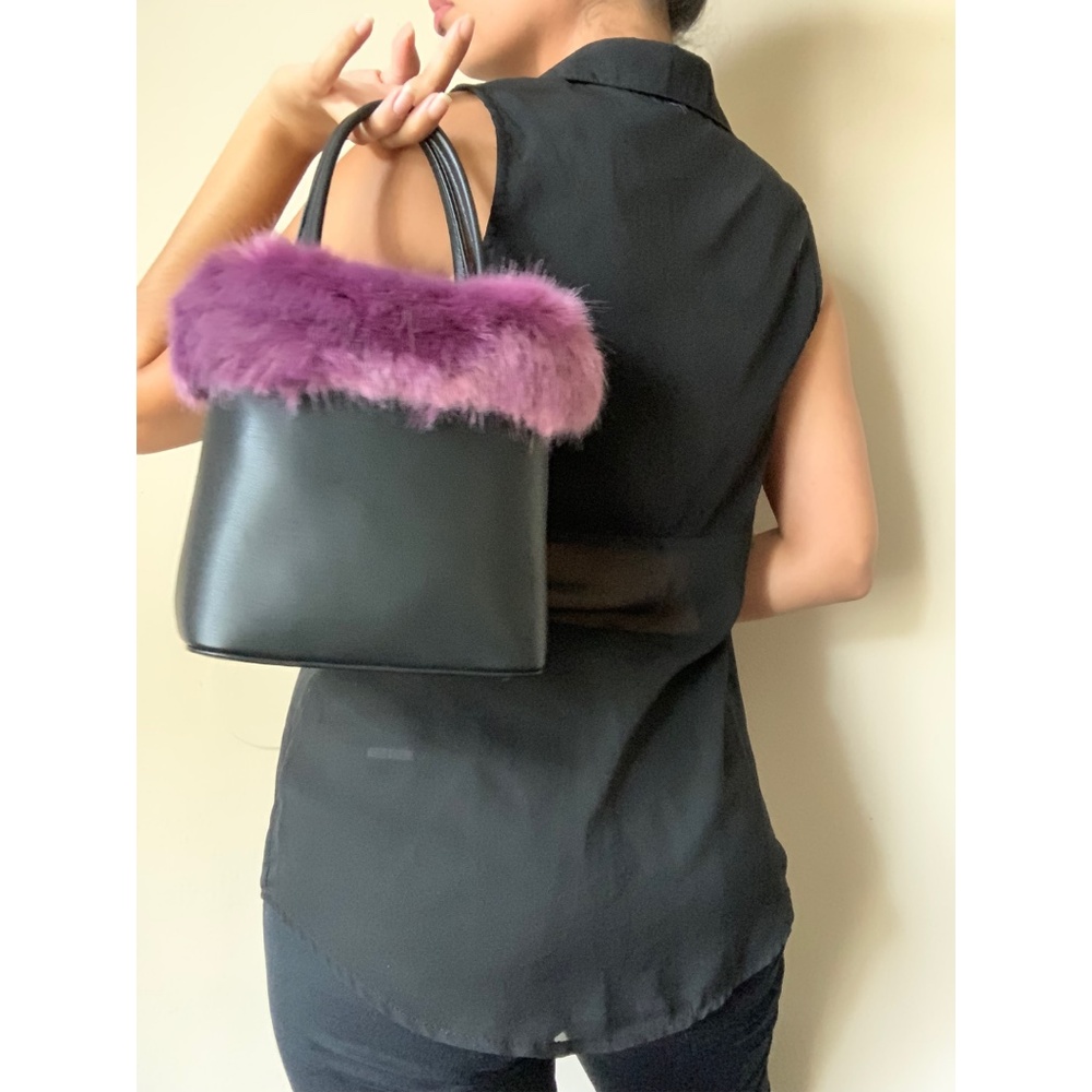 Vegan Leather Faux Fur Top Handle Handbag - Black Purple - Picture 4 of 7
